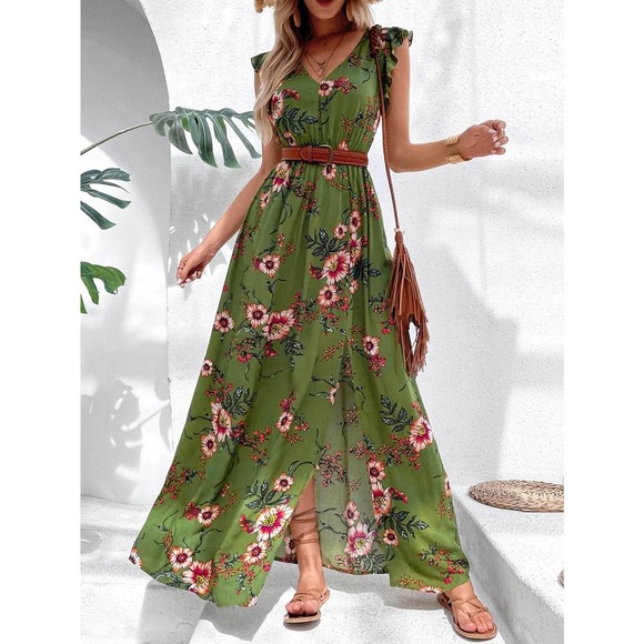 boho Floral Print Ruffle Slit Thigh maxi Dress (Without Belt) rust orange - Picture 8 of 11